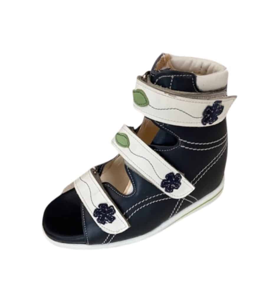Sandale orthopédique enfant marine et blanc, brides à fleurs, maintien cheville.