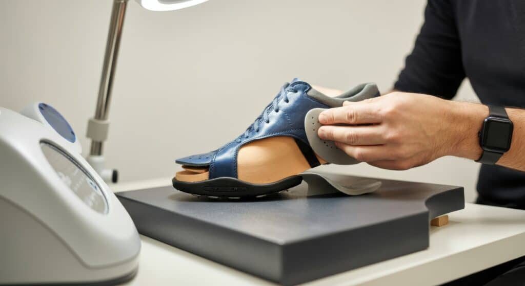 Male hand inspecting custom orthopedic shoe with blue leather in workshop